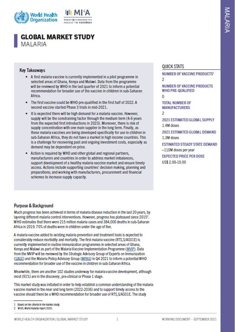 WHO Malaria Vaccine Global Market Study – September 2021