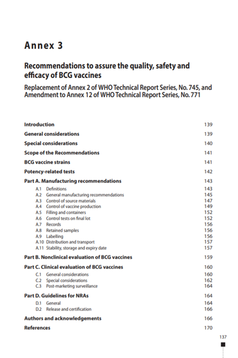Recommendations to assure the quality, safety and efficacy of BCG vaccines, Annex 3, TRS No 979