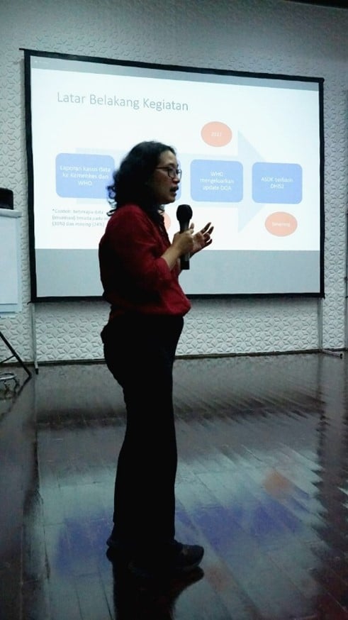 A woman from the Ministry of Health in front of the screen, speaking to training participants.